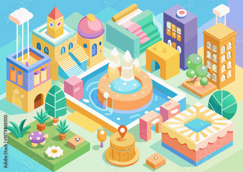Isometric City Illustration with Pastel Buildings and Pool