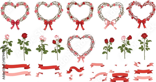 Collection of romantic heart shaped wreaths crafted from natural vines adorned with delicate pink and red roses featuring accompanying rose stems and decorative ribbons