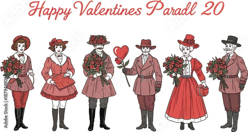 Vintage illustration depicting elegantly dressed couples celebrating valentines day with bouquets of roses and heart shaped gifts