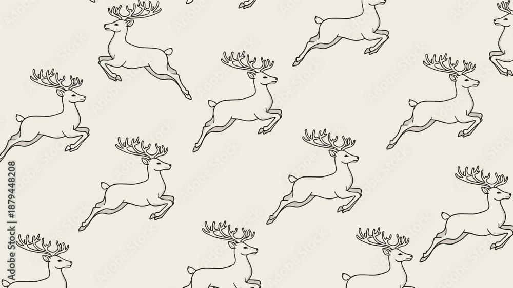 Fototapeta premium A minimalist and elegant seamless pattern of hand-drawn style leaping reindeer line art on a simple light beige background.