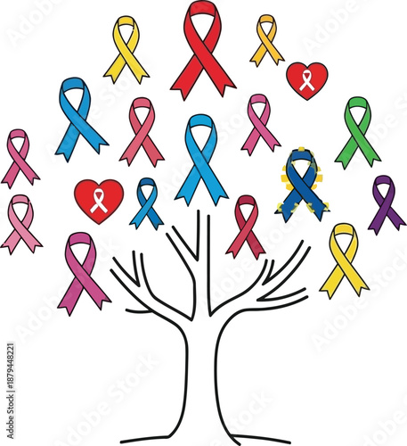 Colorful awareness ribbons representing various causes and diseases blossoming from the branches of a simple tree structure