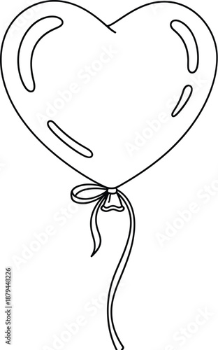 Simple black and white outline drawing of a heart shaped balloon floating gently tied with a small decorative bow and trailing ribbon.