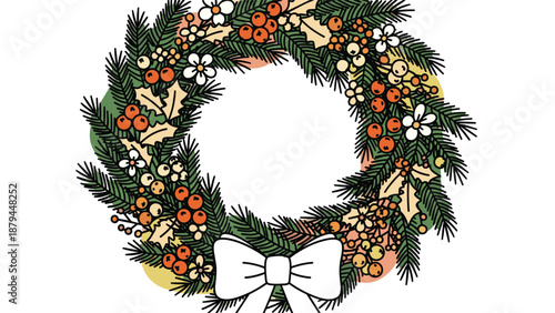 A festive, hand-drawn style Christmas wreath made of pine branches, holly, berries, and a large white bow on a white background.