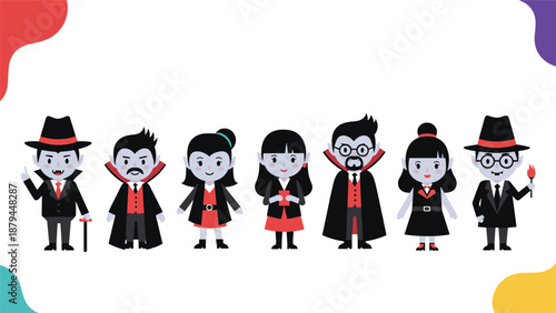 A collection of cute and friendly cartoon vampire characters, including men, women, and children, dressed in classic Halloween costumes.