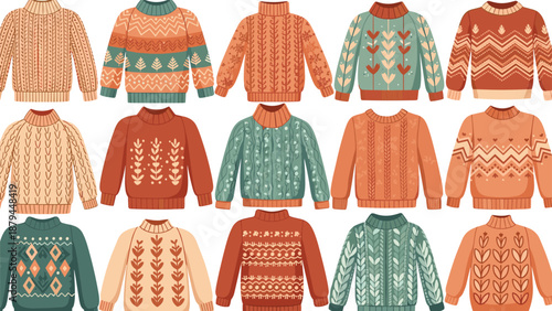 A large and cozy collection of various knitted winter sweaters with different patterns, textures, and autumn and winter colors.