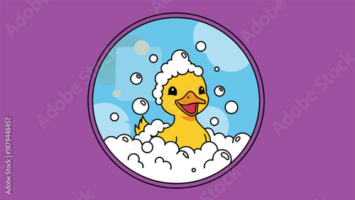 A cute and happy cartoon rubber ducky taking a bubble bath, smiling joyfully inside a purple circular frame on a purple background.