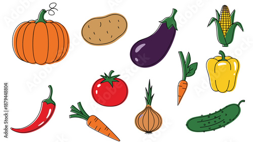 A colorful and charming collection of various vegetables drawn in a simple, textured doodle style, including pumpkin and tomato.