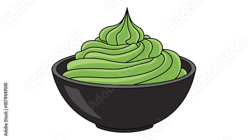 A simple cartoon illustration of a black bowl filled with a swirl of bright green wasabi paste for Japanese cuisine.