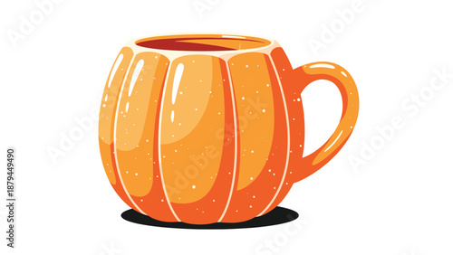 A cute and cozy autumn-themed illustration of a bright orange mug shaped like a pumpkin, with a warm and glossy finish.