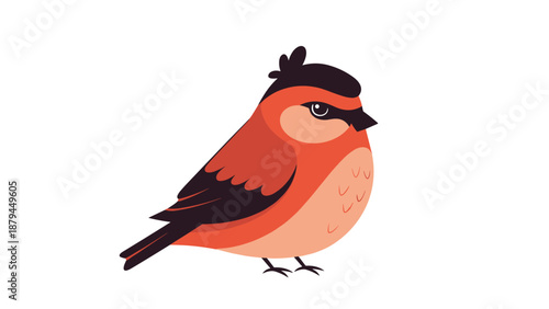 Adorable cartoon illustration of a small, plump red and black bird with a determined expression, isolated on a white background.