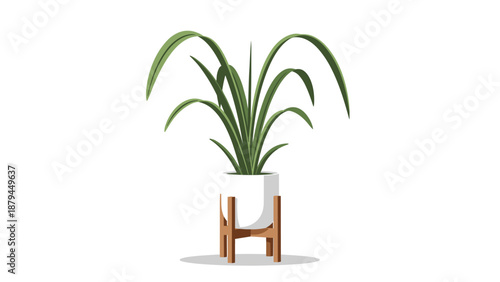 Simple vector illustration of a lush green indoor houseplant in a modern white ceramic pot on a stylish wooden plant stand.