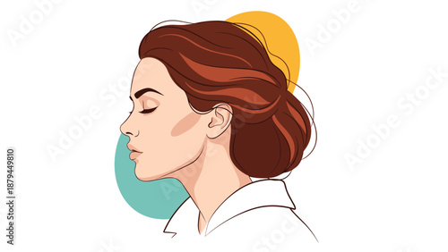 Serene illustration of a woman's profile with closed eyes and reddish-brown hair in a messy bun, with abstract circles behind her.