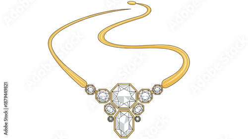 Luxurious and elegant vector illustration of a gold statement necklace adorned with large, sparkling, multifaceted diamond gemstones.