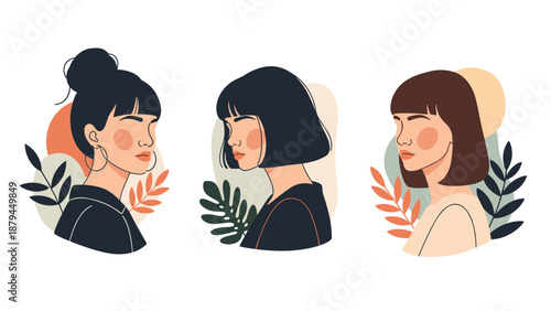 Set of three modern, abstract portraits of beautiful women with different hairstyles, decorated with botanical leaf elements.