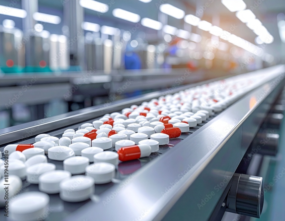 Fototapeta premium Pharmaceutical Production Line - Automated Pill Manufacturing and Quality Control Process.