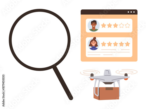 Feedback systems, user ratings, quadcopter technology, online reviews, information search, e-commerce logistics. View of user rating screen, magnifying glass and delivery Quadcopter. Feedback