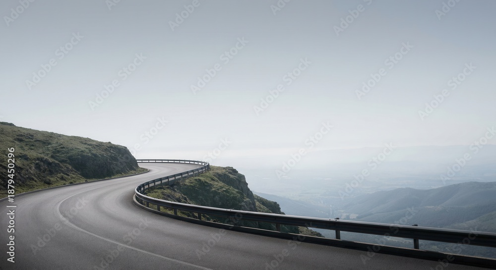 Fototapeta premium Winding Mountain Road with Guardrail on a Cloudy Day.