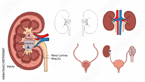 Human Kidney Anatomy and Urinary System Diagram.