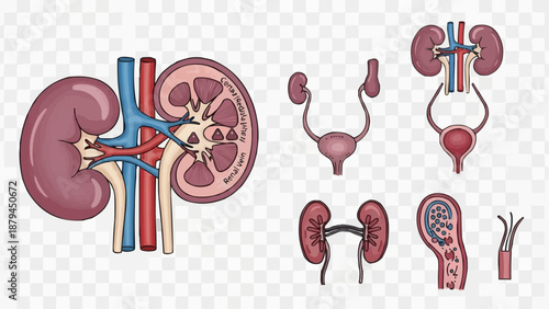 Human Kidney Anatomy and Urinary System Diagram.