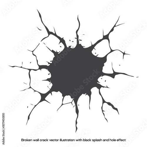Broken Wall Crack Vector Illustration with Black Splash and Hole Effect