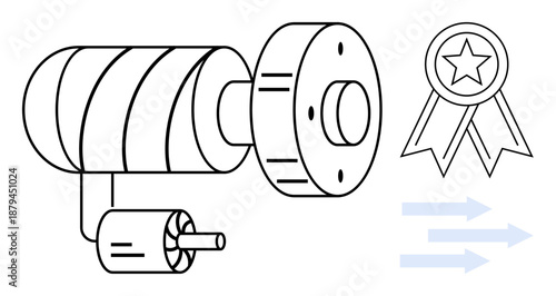 Innovation, engineering, energy, performance, quality assurance, mechanical systems. Outline of an electric motor, award ribbon and arrows. Innovation and engineering in technology