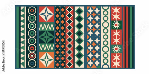 vibrant geometric patterns on a rug or mat with various shapes and colors