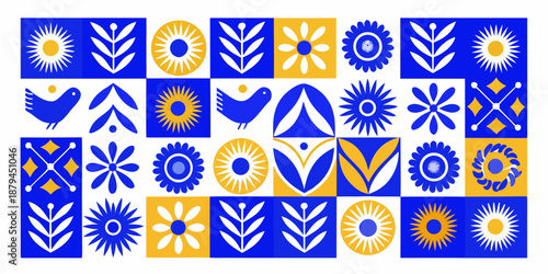 collection of blue and yellow geometric shapes and floral patterns