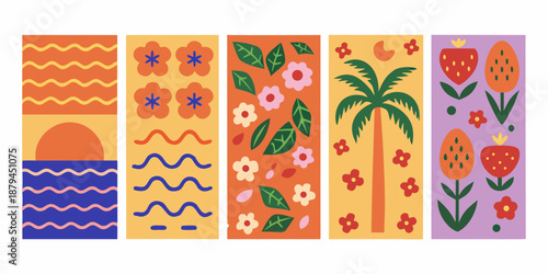 Vibrant patterns of summer elements and floral designs in various colors