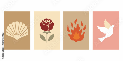 four minimalist icons on colored backgrounds including a shell rose fire and dove