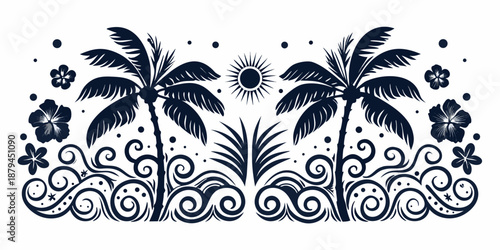 tropical island scene with palm trees and flowers