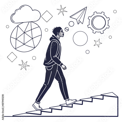 Minimalist vector illustration of a human climbing stairs with idea icons. Career growth, learning, success and self development concept.