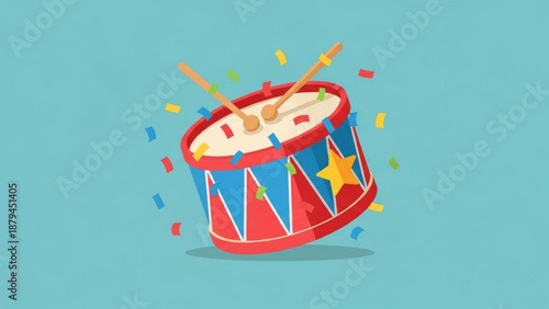 Colorful Cartoon Drum with Drumsticks on Turquoise Background