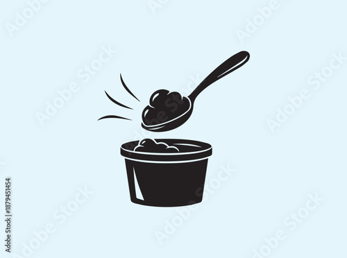Solid Spoon Silhouette Lifting Ice Cream From Tub, Upward Motion Indicated
