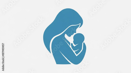 Mother Holding Baby in Blue Silhouette Illustration on White Background