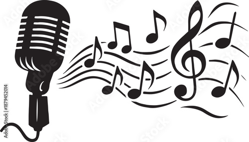 Vintage microphone with flowing musical notes and treble clef vector illustration