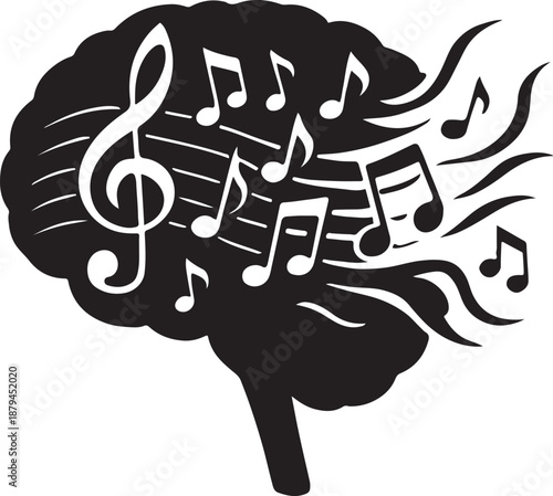 Human brain silhouette with flowing musical notes and treble clef vector illustration
