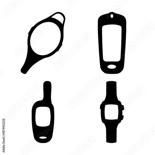Diverse electronic gadget silhouettes: smartphone, arm band, key fob, and digital watch icons
