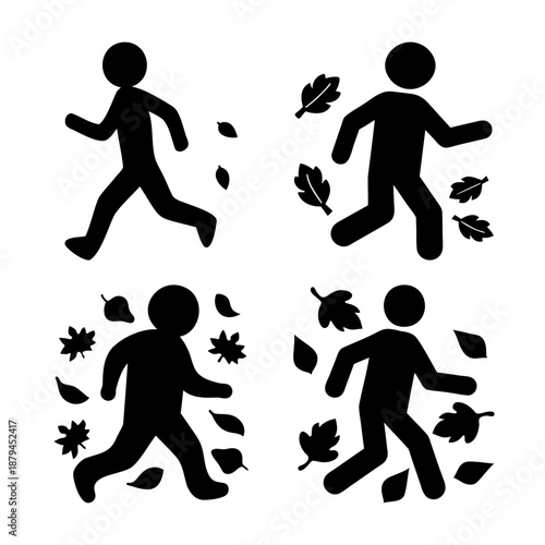 Black silhouette icons of people running through falling autumn leaves on a white background