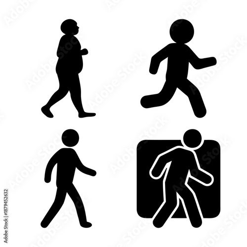 A collection of varied human walking and running silhouette icons representing movement and pedestrian activity