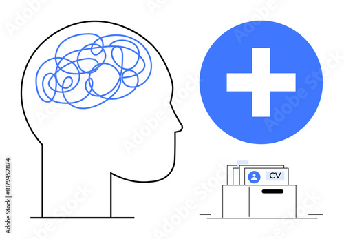 Mental health focus. Mental health illustrated with brain patterns, medical cross, and CV drawer, highlighting its role in personal growth and career development. For healthcare, careers, mental