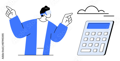 Technology, cloud services, digital transformation, automation, computing, innovation. Person wearing smart glasses points towards cloud and calculator. Technology and cloud services concept