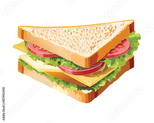 Healthy sandwich triangle with fresh lettuce tomato cheese and ham layers for lunch break or cafe snack - Vector Illustration
