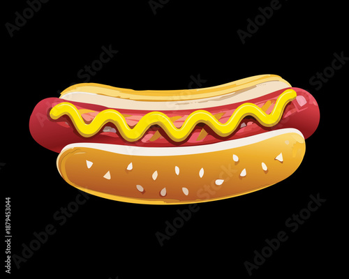 Tasty grilled hot dog sausage with mustard sauce on long bun for quick snack and fast food - Vector Illustration