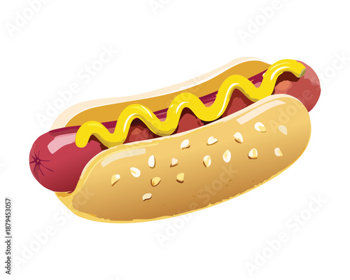 Delicious hot dog with yellow mustard topping in soft bun for fast food bistro and snack promotion - Vector Illustration