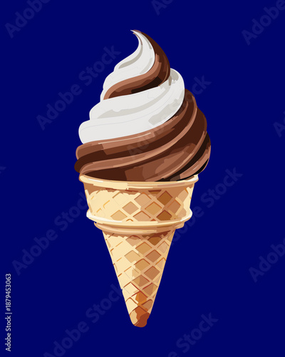Double flavor chocolate and vanilla swirl ice cream in waffle cone for dessert menu and cafe branding - Vector Illustration