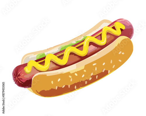 Classic hot dog with mustard sauce on sesame seed bun for fast food restaurant menu and snack - Vector Illustration