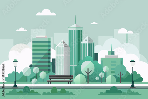 Modern City Skyline Vector Illustration with Urban Park