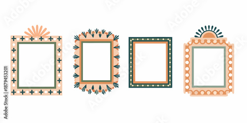 four decorative empty picture frames with unique designs and patterns