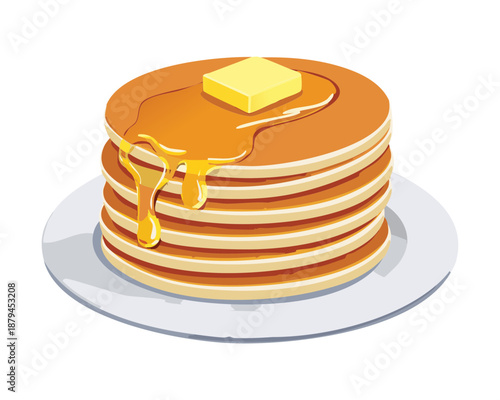 Freshly cooked stack of pancakes served on a plate with butter and pouring honey for brunch - Vector Illustration