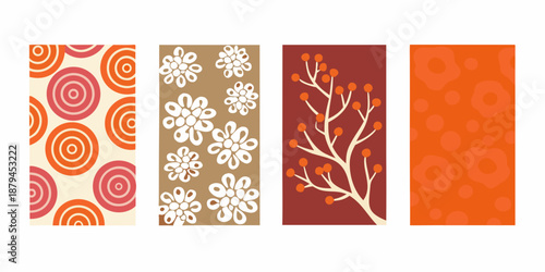 four decorative panels with floral and geometric patterns